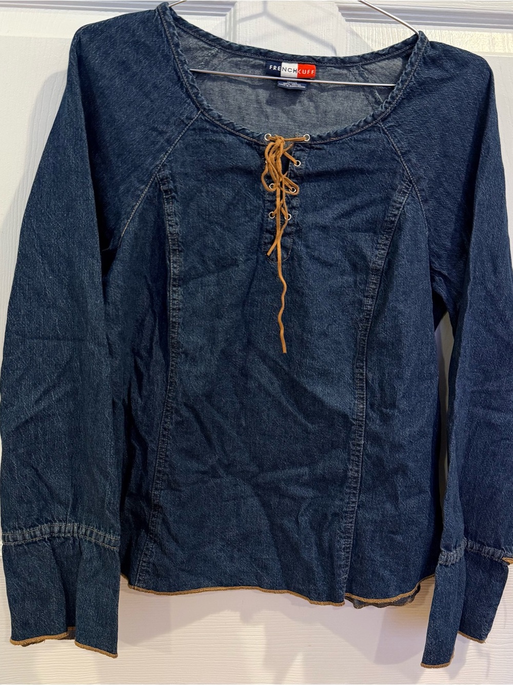 French Cuff Vintage Y2K Denim Lace-Up Long Sleeve Top Size Medium
